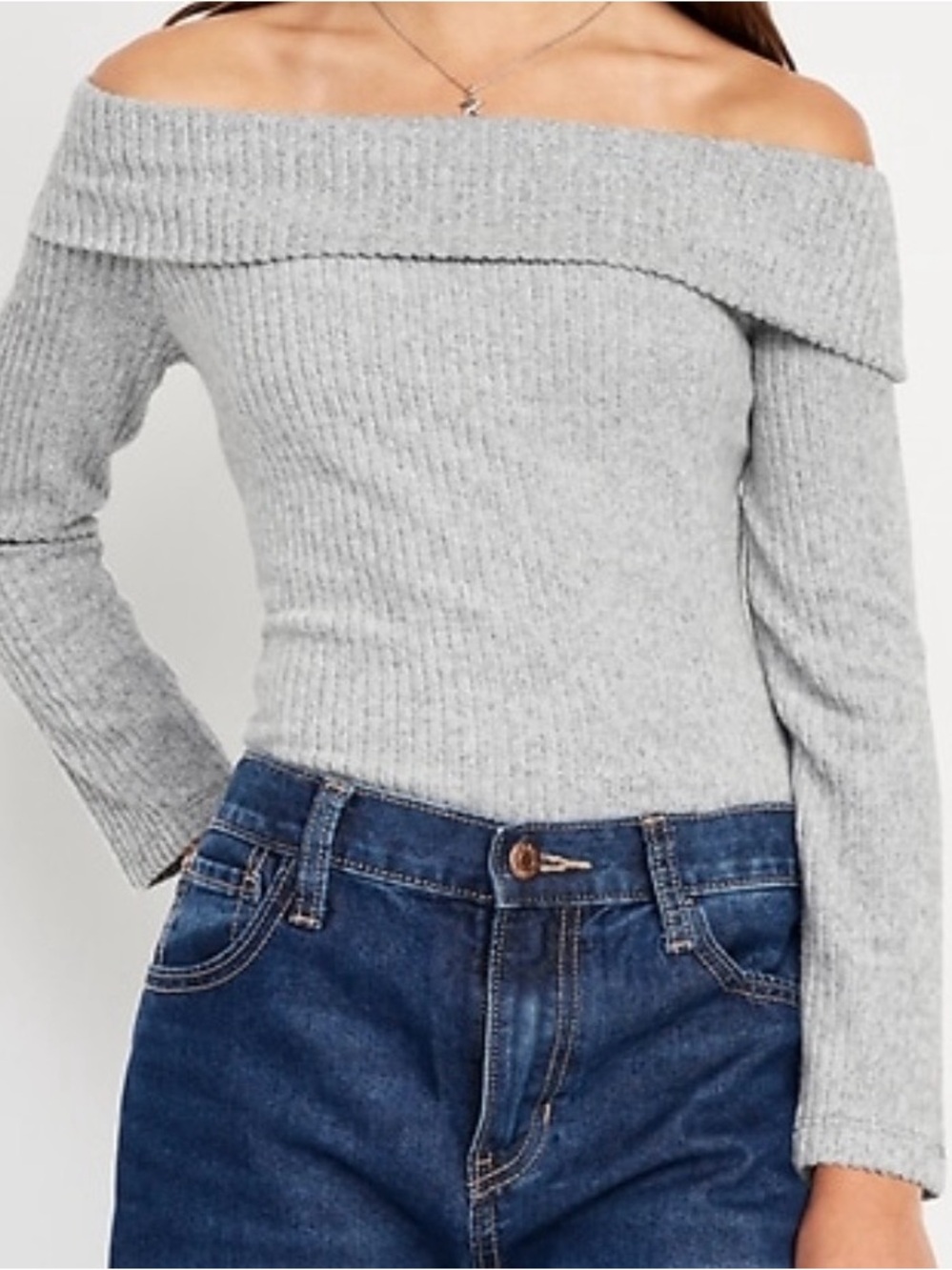 Girls Old Navy Light Gray Off-Shoulder Ribbed Sweater Top